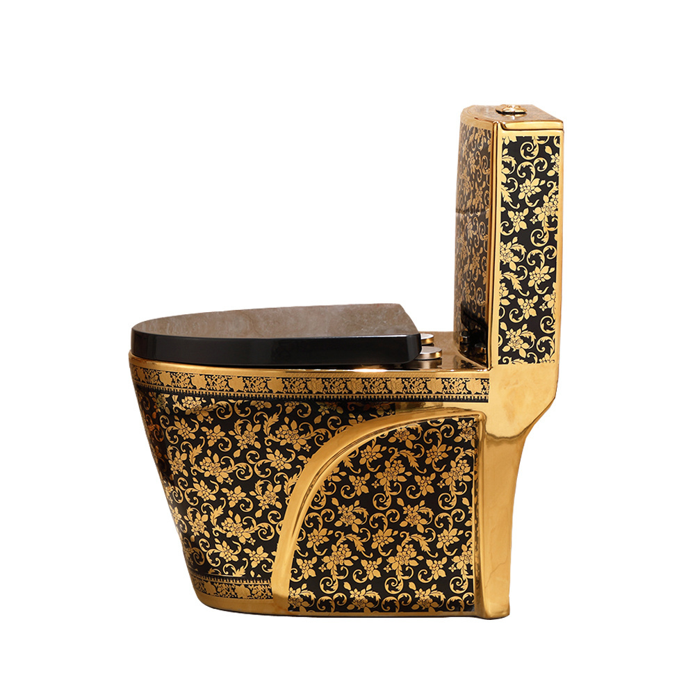 Luxury bathroom product electroplated one piece ceramic gold pattern black color toilet