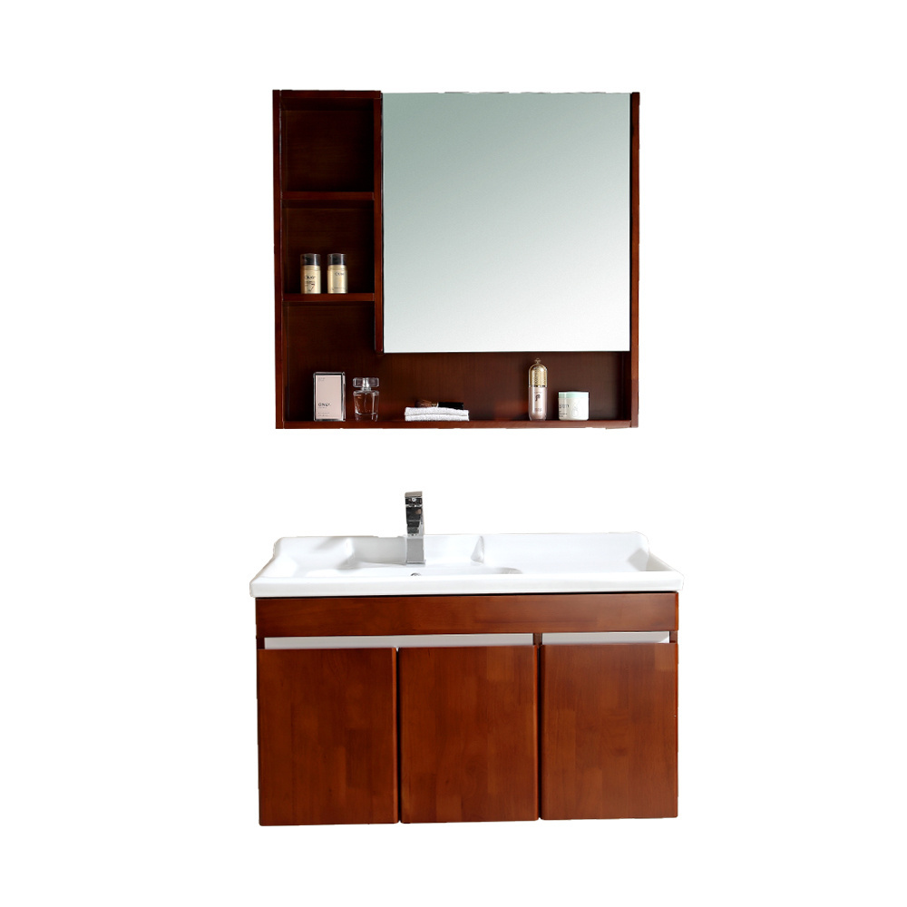 Brown color bathroom furniture wall mounted classic solid wood vanity with mirror cabinet