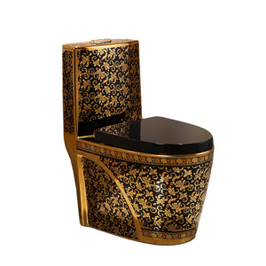 Luxury bathroom product electroplated one piece ceramic gold pattern black color toilet