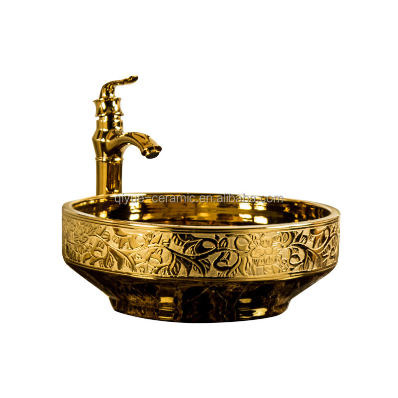 New design ceramic gold plating bathroom sink above counter top handmade gold basin