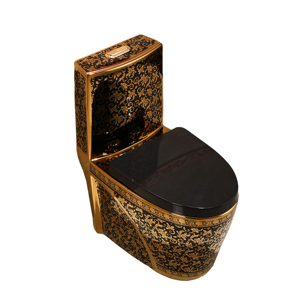 Luxury bathroom product electroplated one piece ceramic gold pattern black color toilet