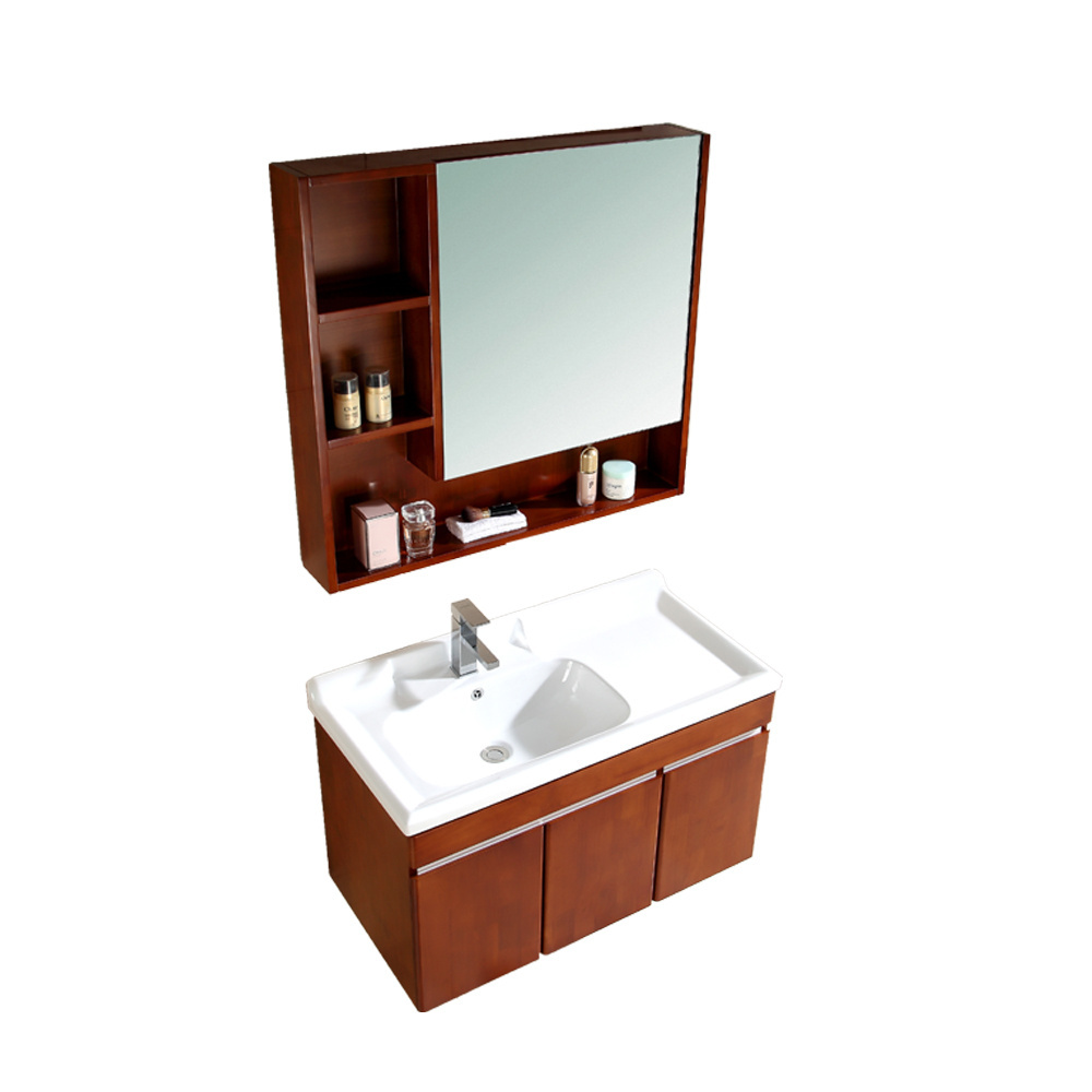 Brown color bathroom furniture wall mounted classic solid wood vanity with mirror cabinet