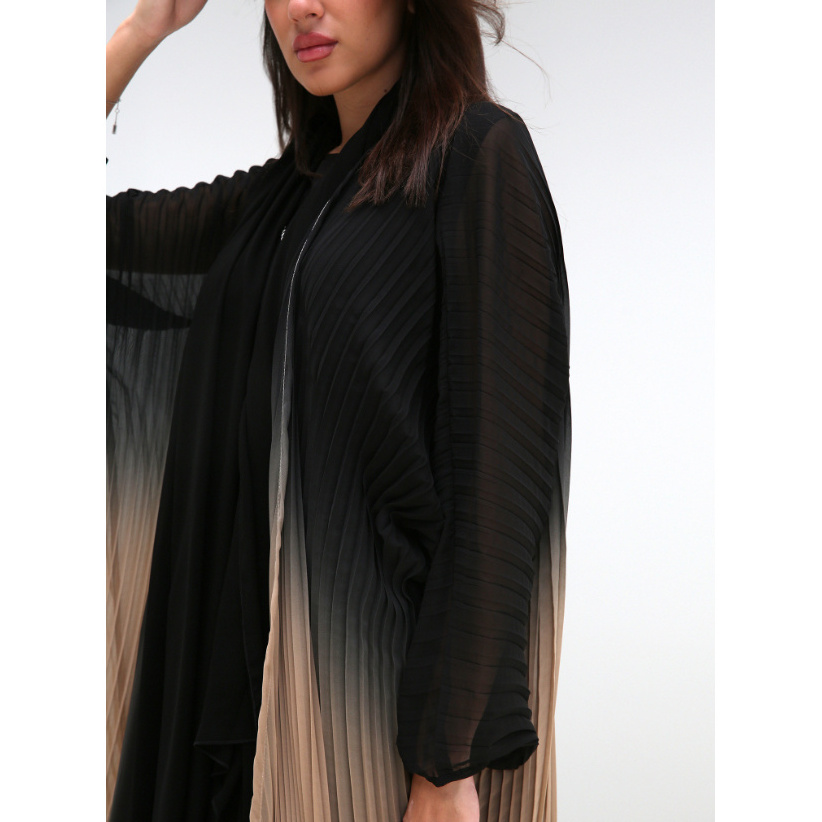 Beige And Black Gradient Pleated Chiffon Abaya With Under  Abaya Dress