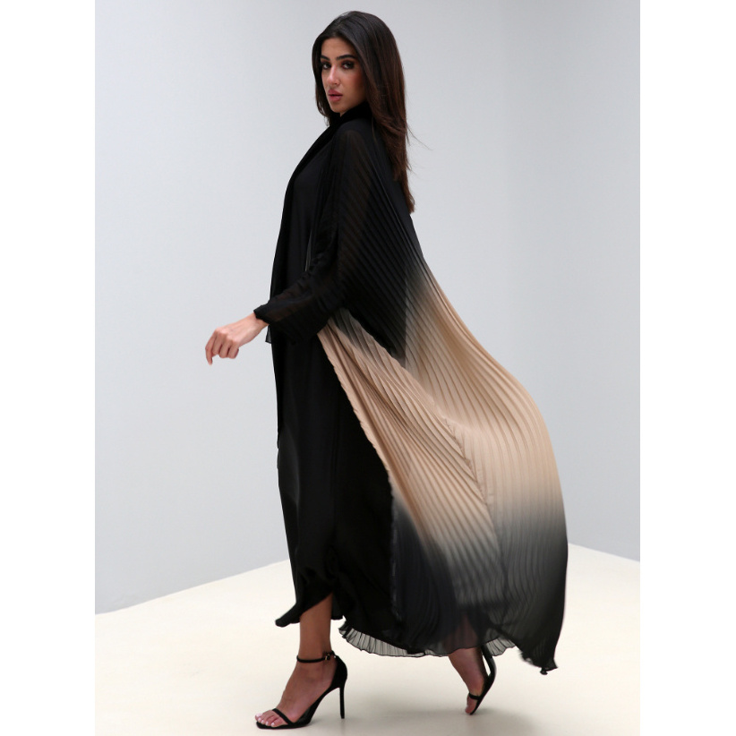 Beige And Black Gradient Pleated Chiffon Abaya With Under  Abaya Dress