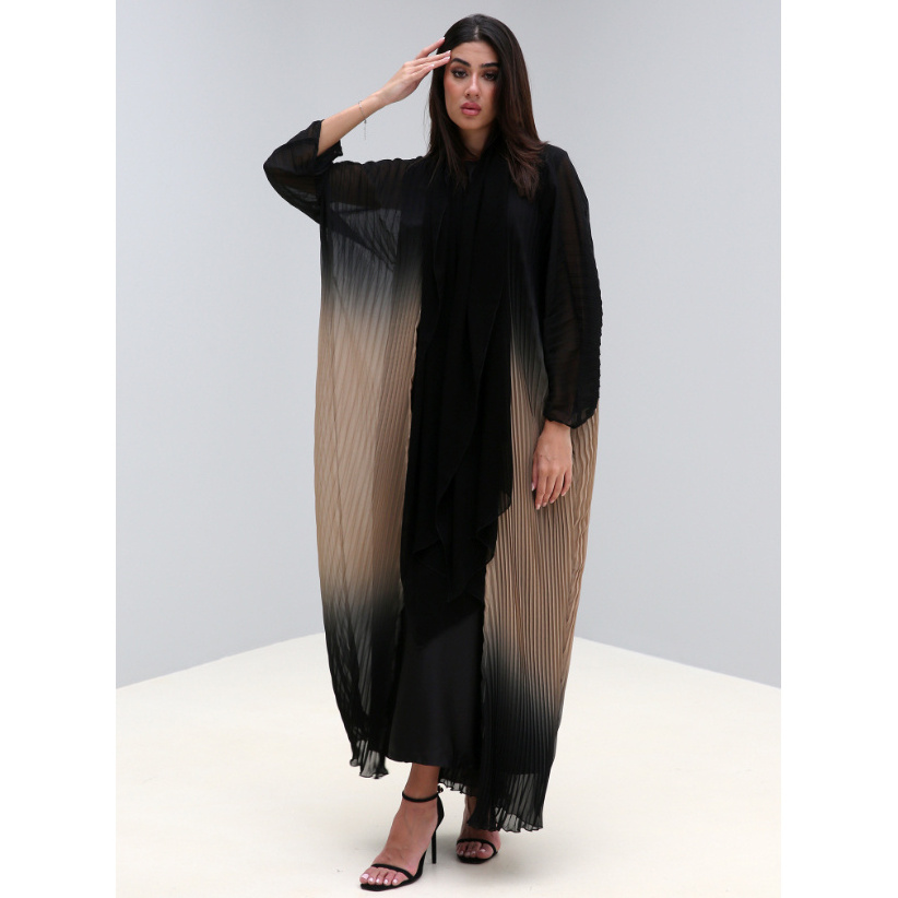 Beige And Black Gradient Pleated Chiffon Abaya With Under  Abaya Dress