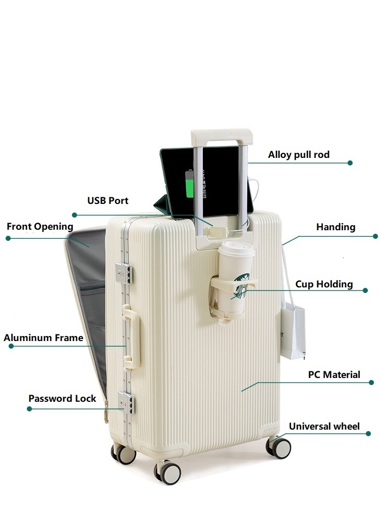 July Front Opening Wholesale Luggage with Removable Wheels Multifunctional Aluminum Frame luggage rack PC Password Suitcase