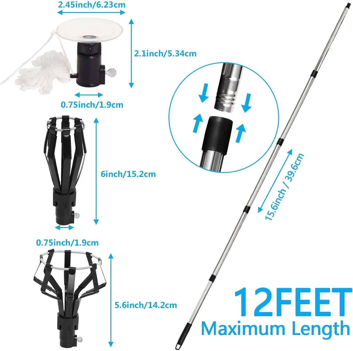 12FT Assembled Light Bulb Pole Changer for High Ceilings and Recessed LightsLight Bulb Changer with Baskets and Suction Cup