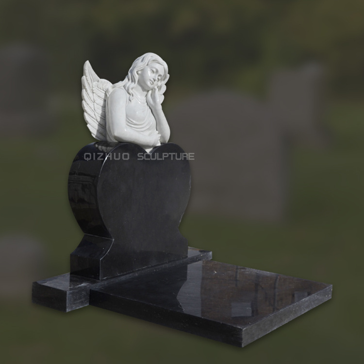 Hot Sale Beautiful Hand Carving Granite and White Marble Monument Headstones Black Heart Shape Tombstone With Angel For Sale