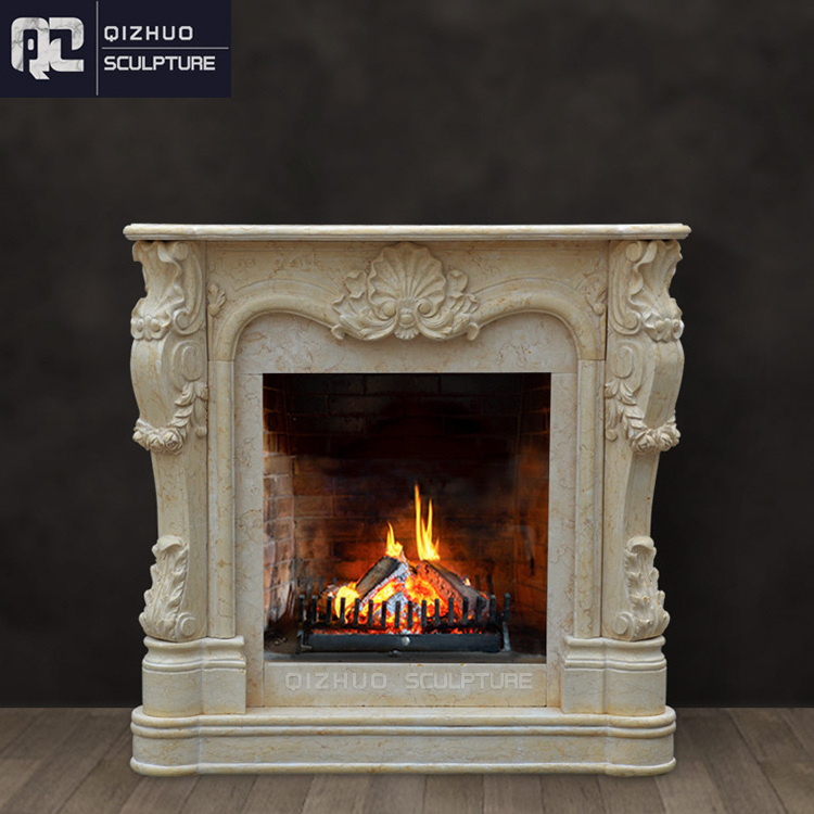 French Style Antique Indoor Home Decor Nature Carving Stone Beige Marble Fireplace Surround Modern