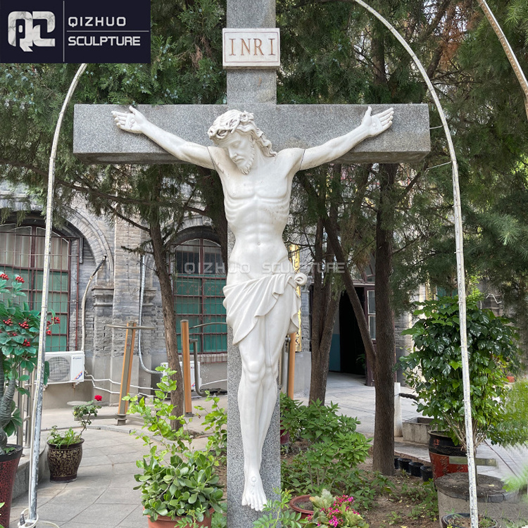 Outdoor Hand Carved Christian Decor Catholic Stone Religious White Marble Crucifix Jesus Cross Statue