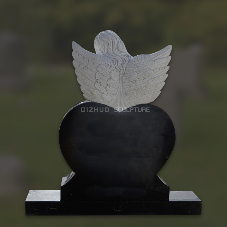 Hot Sale Beautiful Hand Carving Granite and White Marble Monument Headstones Black Heart Shape Tombstone With Angel For Sale