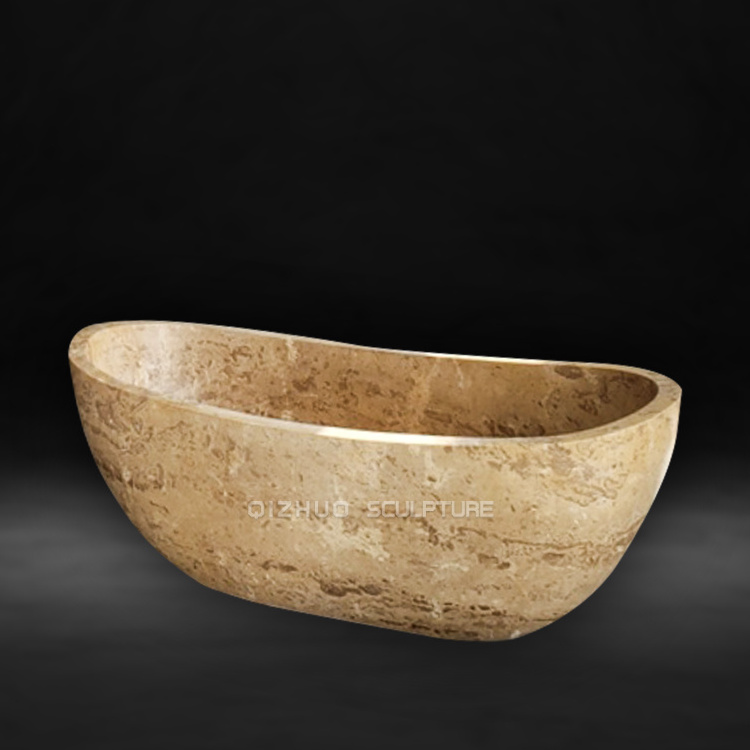 Customized Hand Carved Freestanding Natural Stone Beige Cream Marble Oval Bathtub For Bathroom