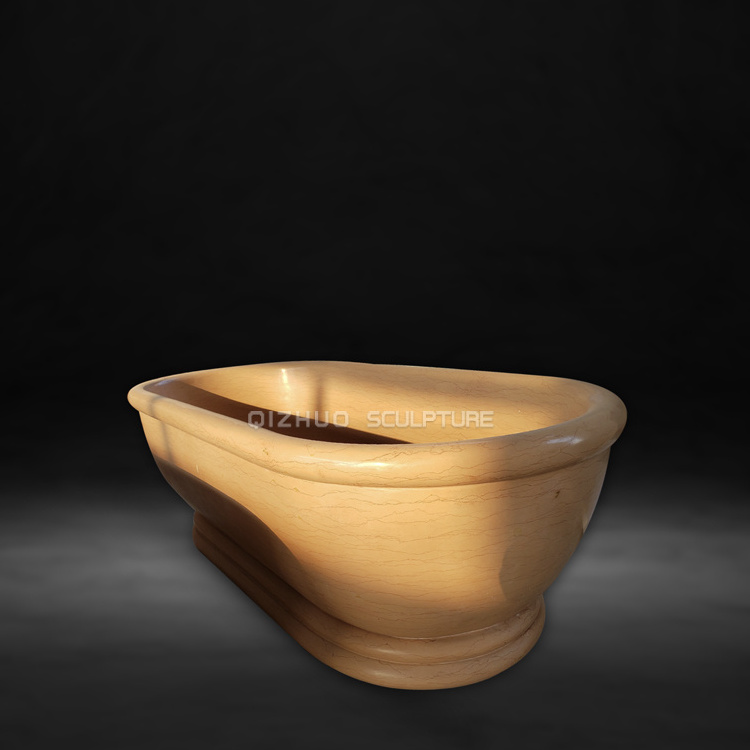 Customized Hand Carved Freestanding Natural Stone Beige Cream Marble Oval Bathtub For Bathroom