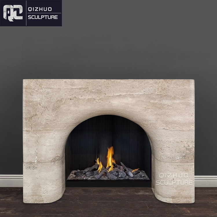 Modern Design Interior Decor Hand Carved Travertine Stone Beige Marble Fireplace Mantel