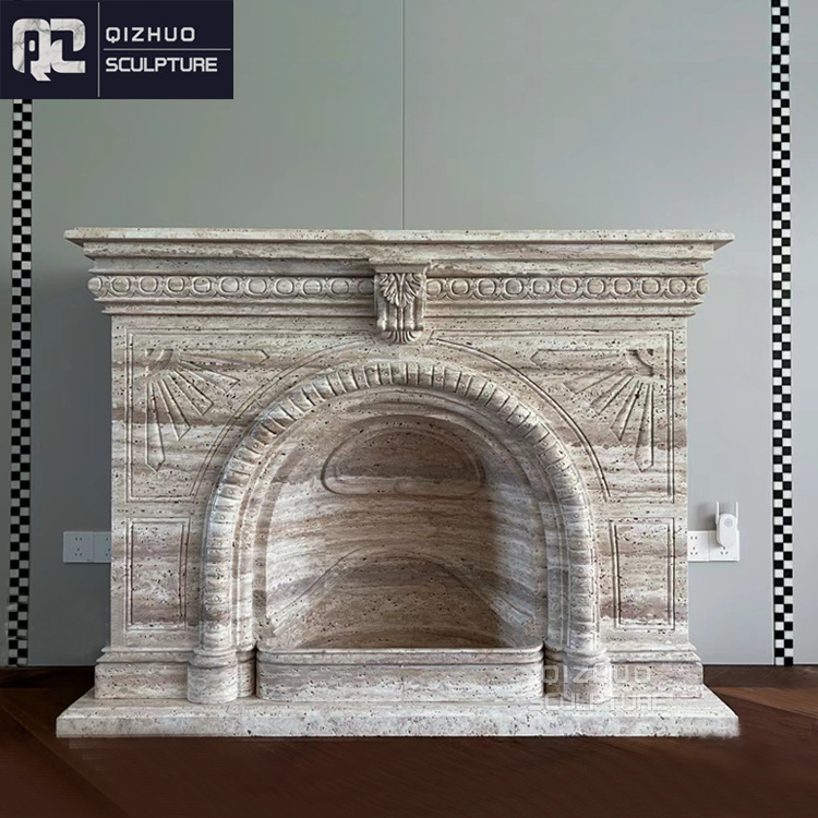 Modern Design Interior Decor Hand Carved Travertine Stone Beige Marble Fireplace Mantel