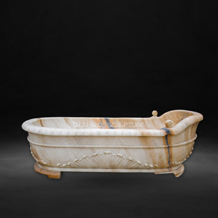 Customized Hand Carved Freestanding Natural Stone Beige Cream Marble Oval Bathtub For Bathroom