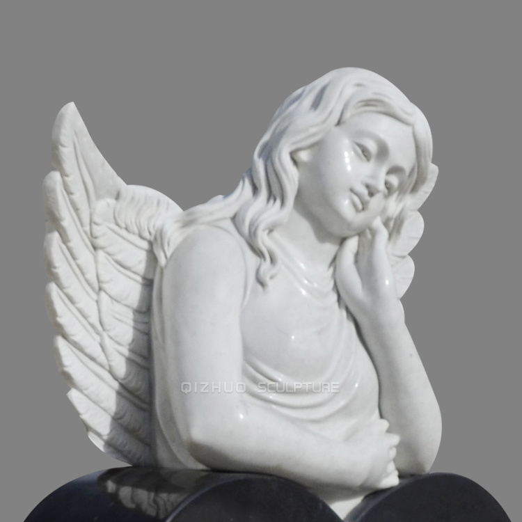 Hot Sale Beautiful Hand Carving Granite and White Marble Monument Headstones Black Heart Shape Tombstone With Angel For Sale