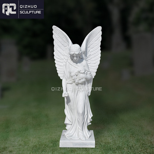 Hot Sale Life Size Hand Carved Tombstone Marble Monument Hold Flowers Angel Headstone With Wings