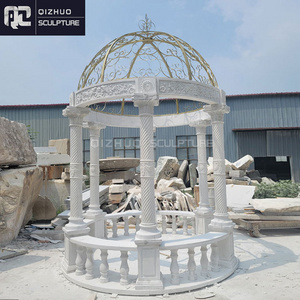 Simple Modern Design Garden Decoration Hand Carved Color Stone Column Iron Dome Marble Gazebo For Sale