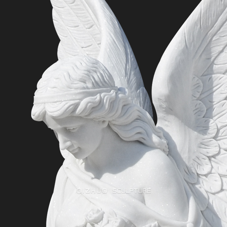 Hot Sale Life Size Hand Carved Tombstone Marble Monument Hold Flowers Angel Headstone With Wings