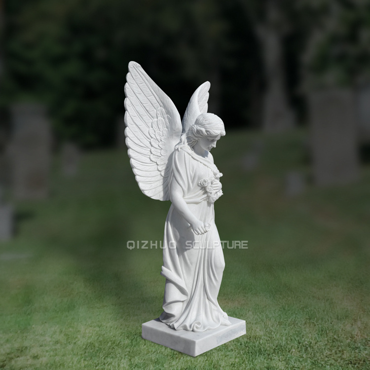 Hot Sale Life Size Hand Carved Tombstone Marble Monument Hold Flowers Angel Headstone With Wings