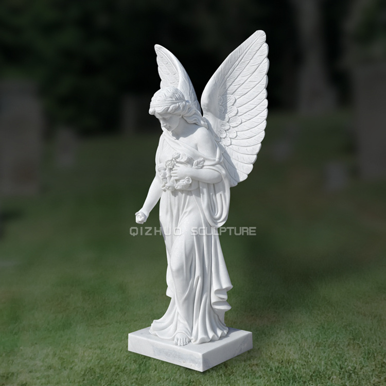 Hot Sale Life Size Hand Carved Tombstone Marble Monument Hold Flowers Angel Headstone With Wings