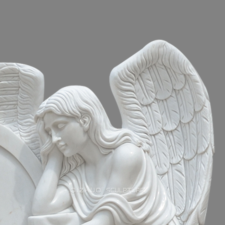 Factory Price Hand Carving White Marble Weeping Angel Tombstone Stone Memorial Headstone