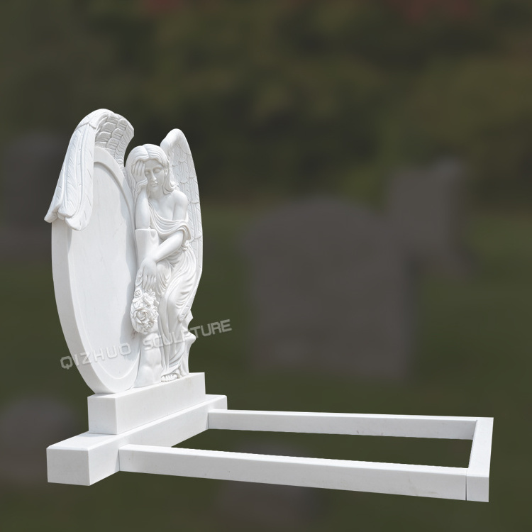 Factory Price Hand Carving White Marble Weeping Angel Tombstone Stone Memorial Headstone