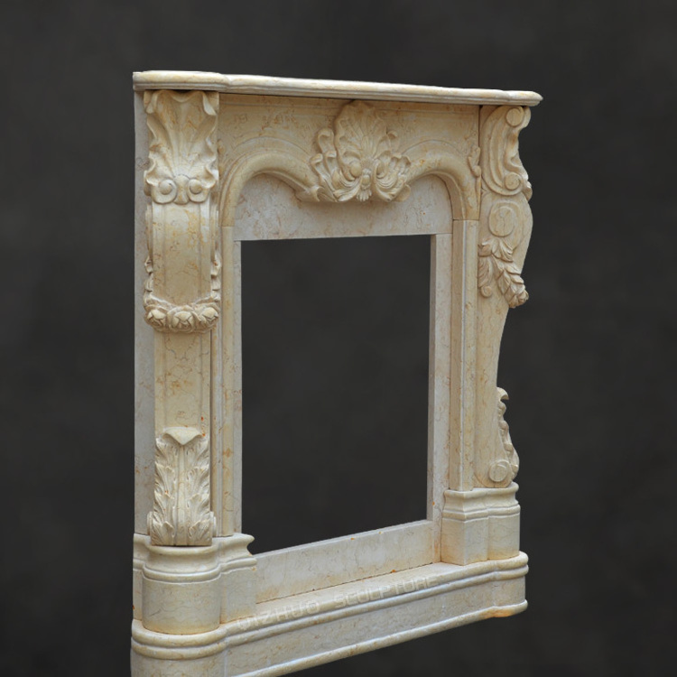 French Style Antique Indoor Home Decor Nature Carving Stone Beige Marble Fireplace Surround Modern