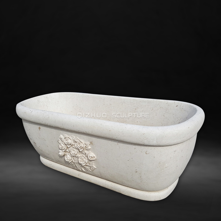 Customized Hand Carved Freestanding Natural Stone Beige Cream Marble Oval Bathtub For Bathroom