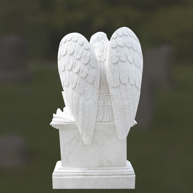 Factory Price Hand Carving White Marble Weeping Angel Tombstone Stone Memorial Headstone