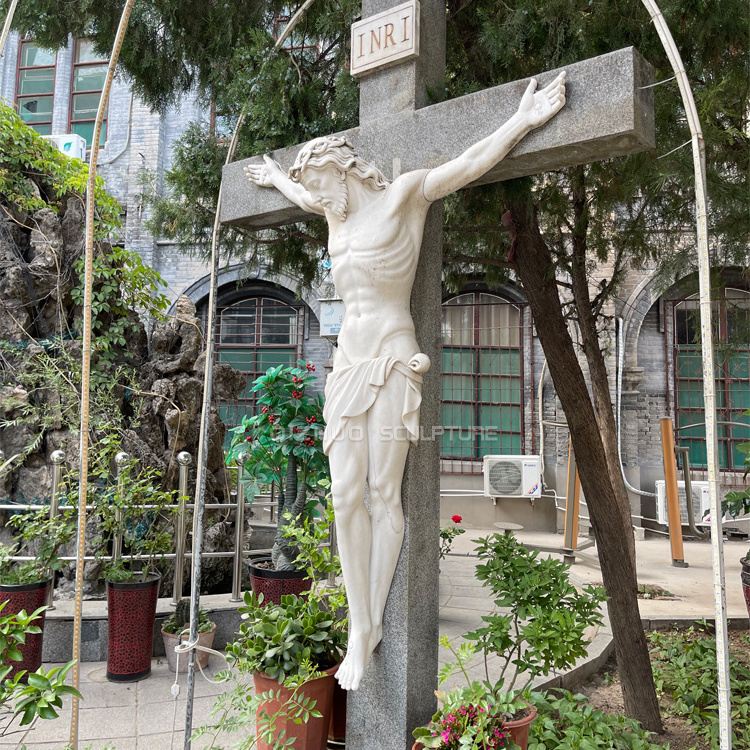 Outdoor Hand Carved Christian Decor Catholic Stone Religious White Marble Crucifix Jesus Cross Statue