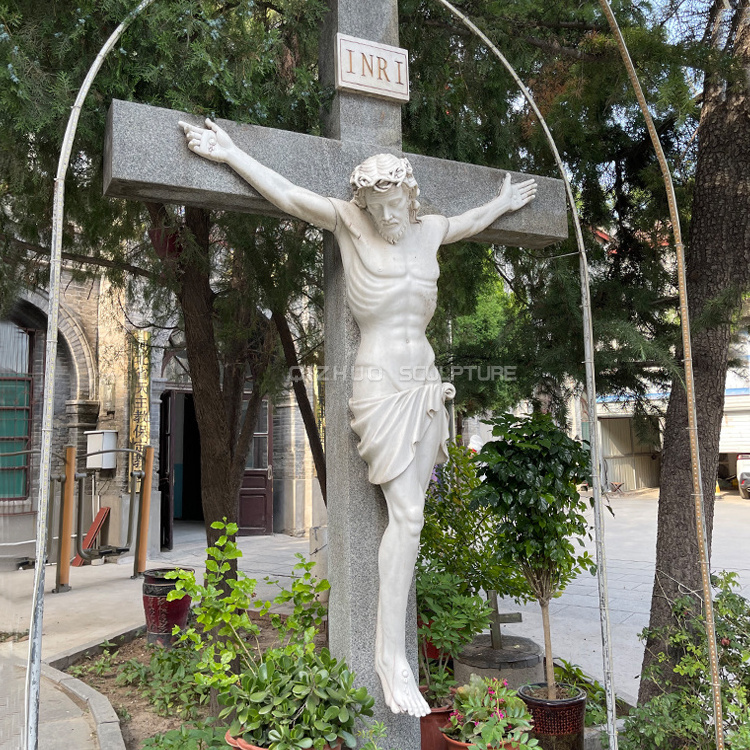 Outdoor Hand Carved Christian Decor Catholic Stone Religious White Marble Crucifix Jesus Cross Statue