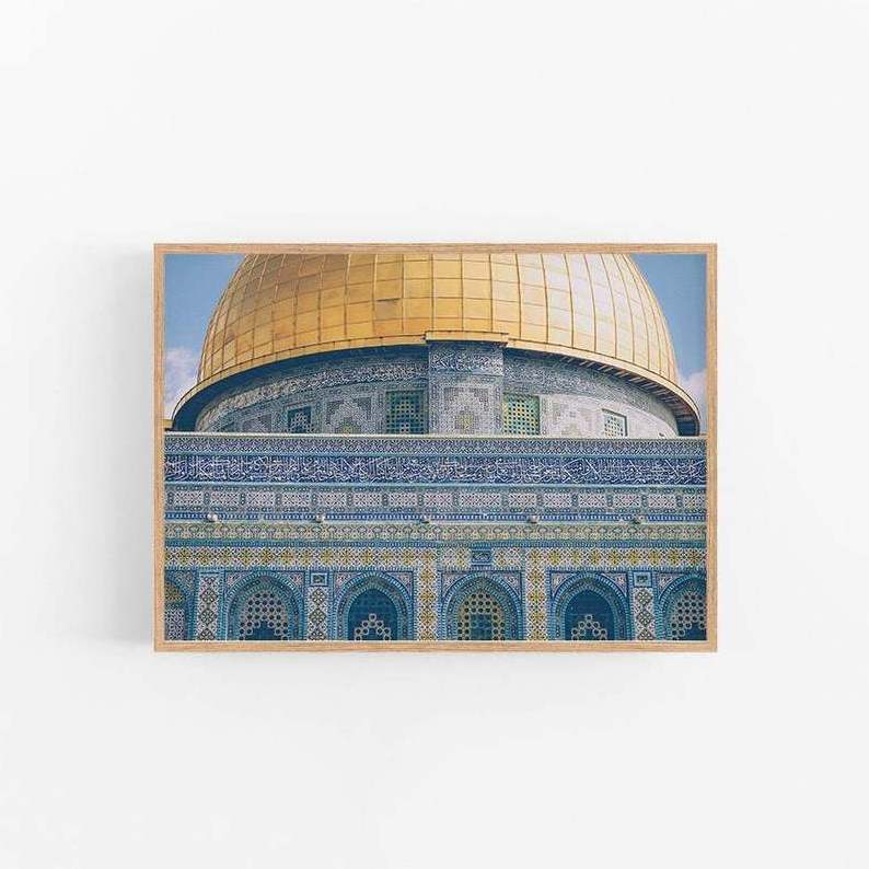 Dome of the Mosque print Islamic wall art geometric art Arabic calligraphy Jerusalem architecture Blue home decor