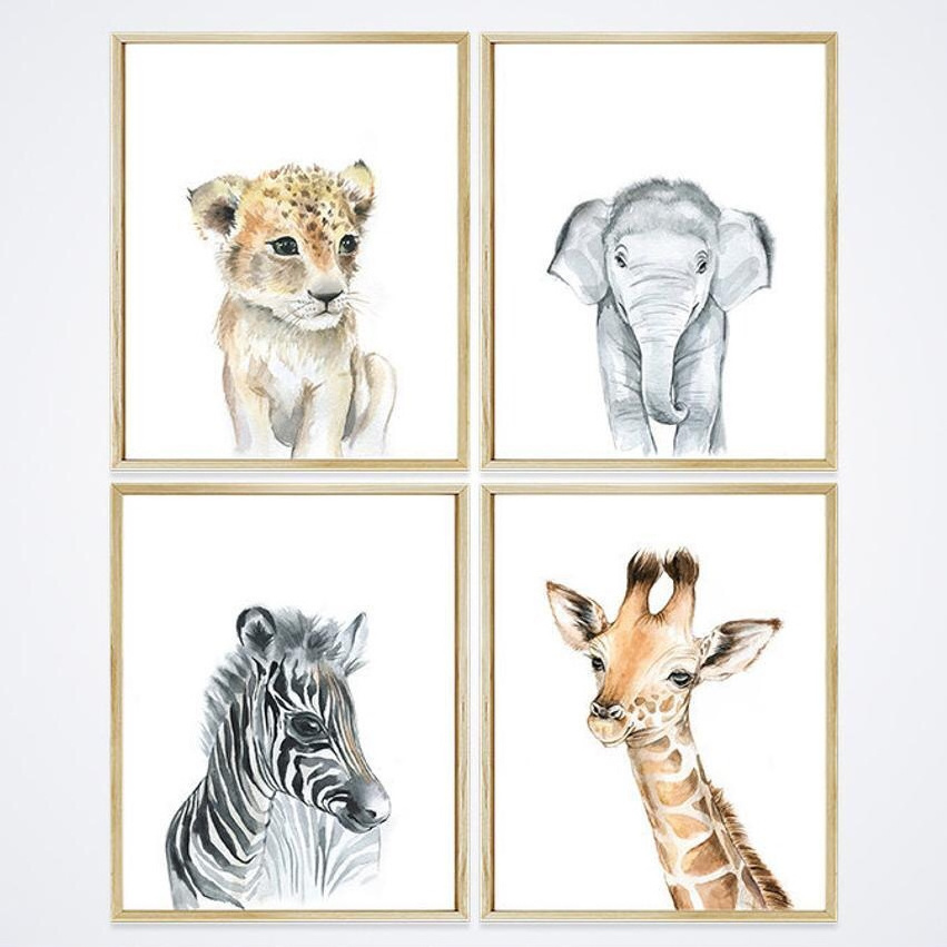 Baby Animal Nursery Wall Art Safari Animal Art Prints Painting Elephant Set of 4 Prints for Kids room