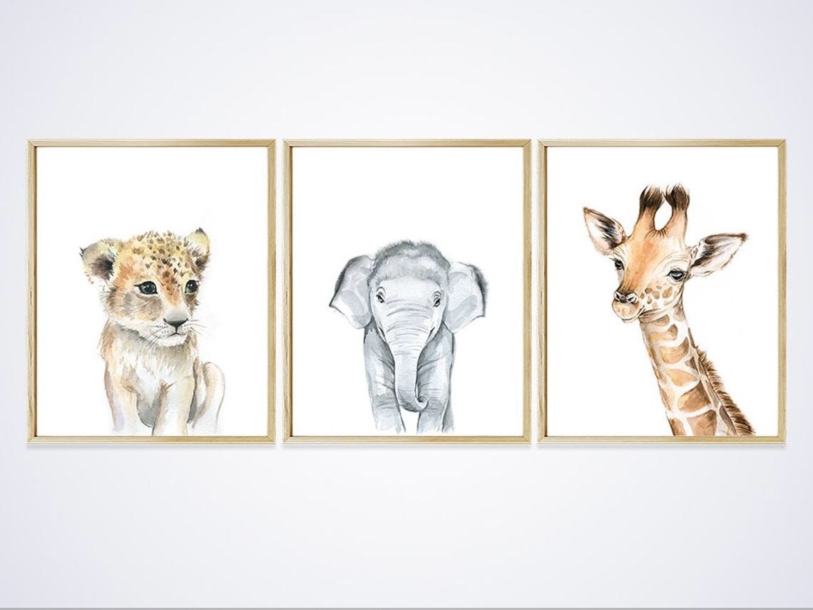 Baby Animal Nursery Wall Art Safari Animal Art Prints Painting Elephant Set of 4 Prints for Kids room