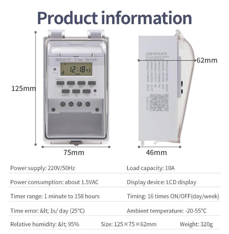 QJC New Arrivals Automatic Switch KG316T-F Time Switch Control 220V Digital LCD Display Timer With Waterproof Cover