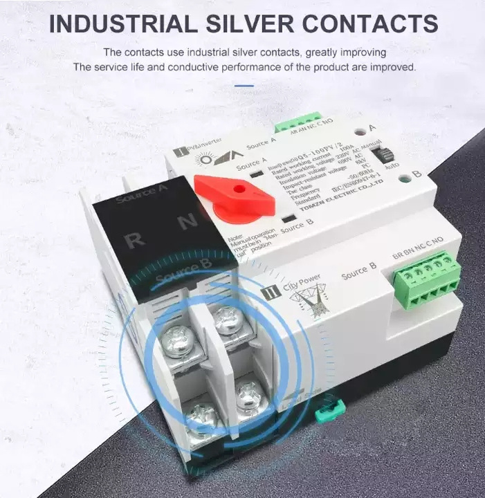 QJC 2P Single Phase  Din Rail ATS for PV and inverter Dual Power Automatic Transfer Selector Switches Uninterrupted