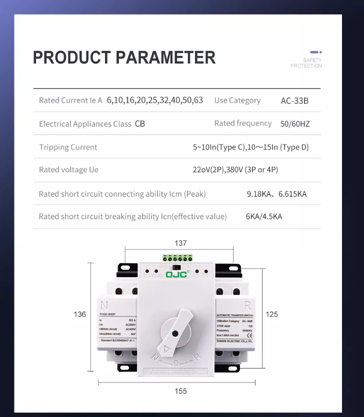 High Quality QJC 2P 63A 230V Dual Power Automatic transfer switch ATS