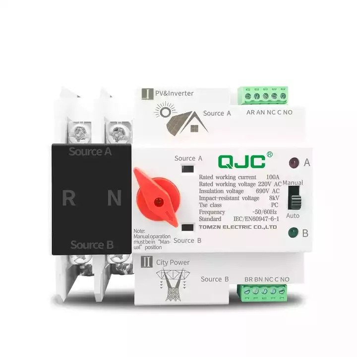 QJC 2P Single Phase  Din Rail ATS for PV and inverter Dual Power Automatic Transfer Selector Switches Uninterrupted