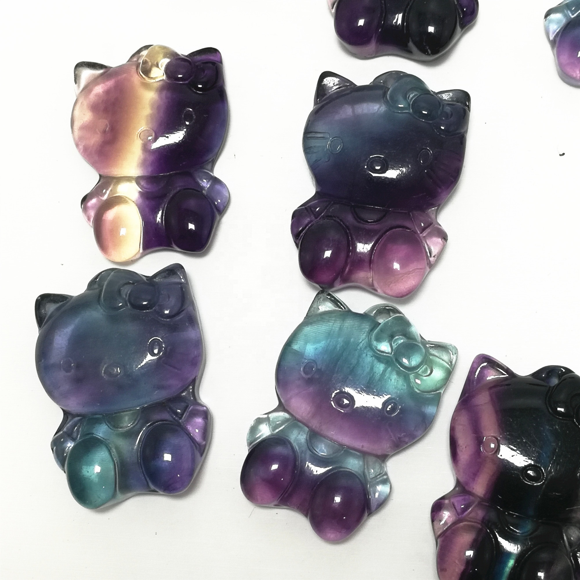 Natural Rainbow Fluorite hello kitty Hand-Carved Polished Crystal Carving hello kitty