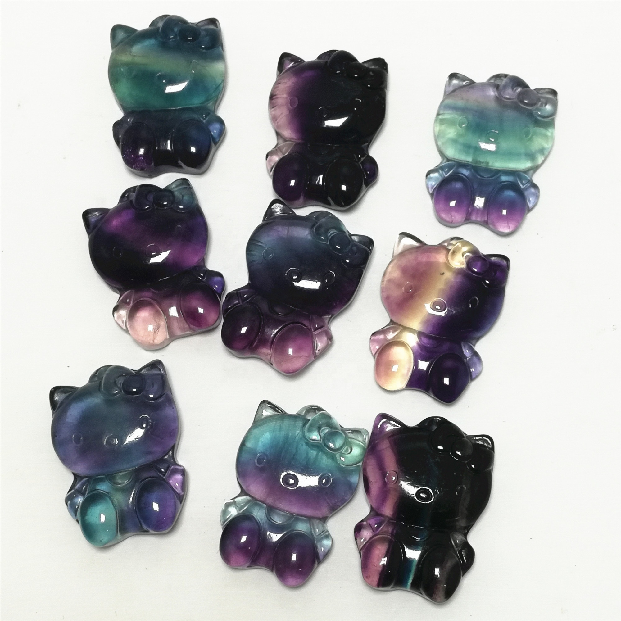 Natural Rainbow Fluorite hello kitty Hand-Carved Polished Crystal Carving hello kitty