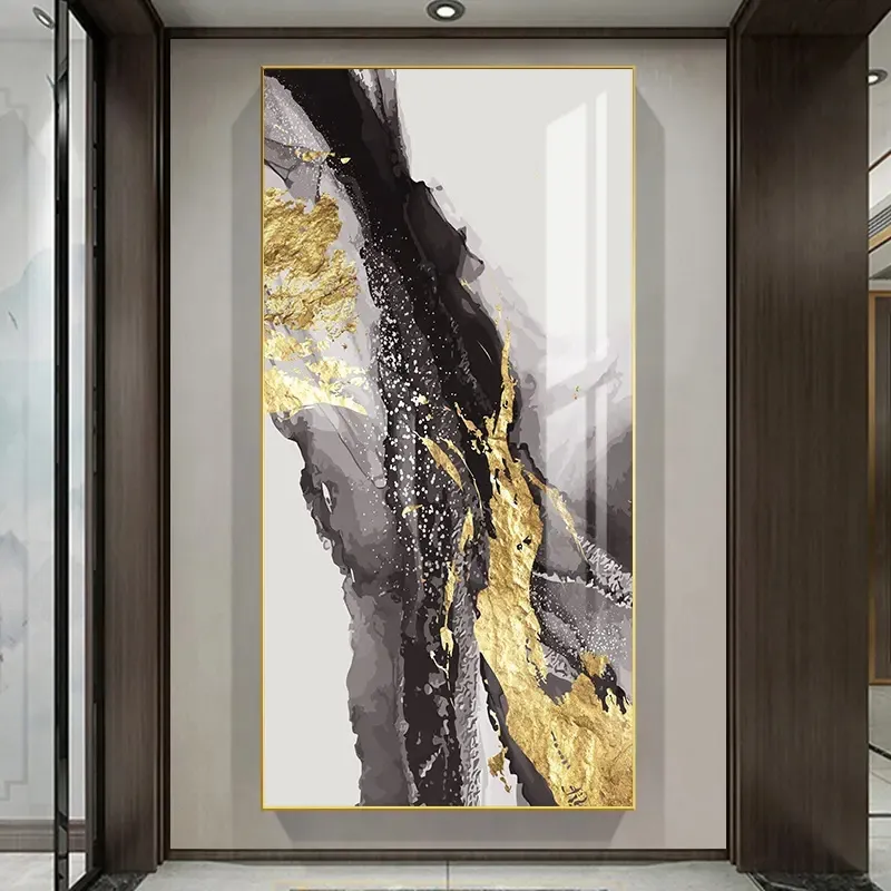 Hotel Porch Decoration Frames Crystal Porcelain Painting Custom Wall Glass Luxury Abstract Picture Art Decor Painting Golden QZX