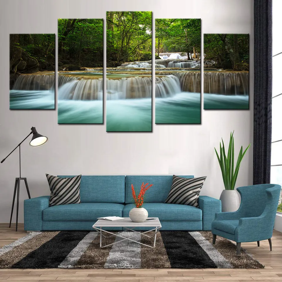 Wholesale Custom Decor Home Modern Paintings 5 Piece Decorative Waterfall Canvas Painting Wall Art Landscape Prints Abstract QZX