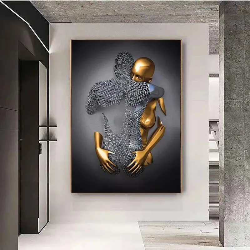 Modern Love Statue Poster Print Wall Picture Nordic Metal Figure Sculpture Wall Art Canvas Painting For BedRoom home Decor