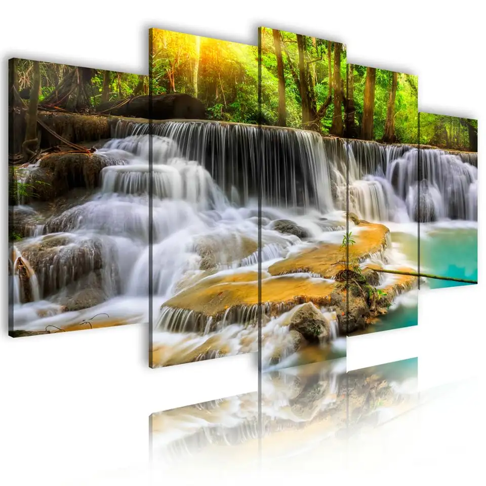 Wholesale Custom Decor Home Modern Paintings 5 Piece Decorative Waterfall Canvas Painting Wall Art Landscape Prints Abstract QZX