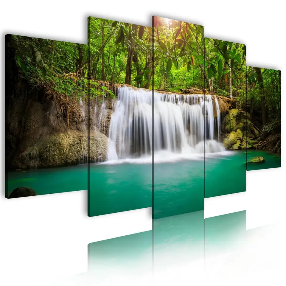 Wholesale Custom Decor Home Modern Paintings 5 Piece Decorative Waterfall Canvas Painting Wall Art Landscape Prints Abstract QZX