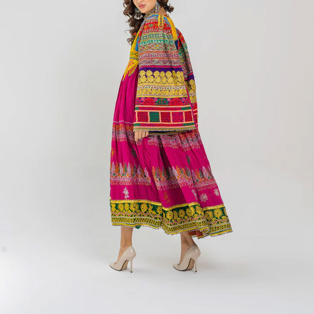 Afghan Kuchi Bridal Dress Clothing  pink and multicolored tassels kuchi wedding Dress Tribal Afghan dress