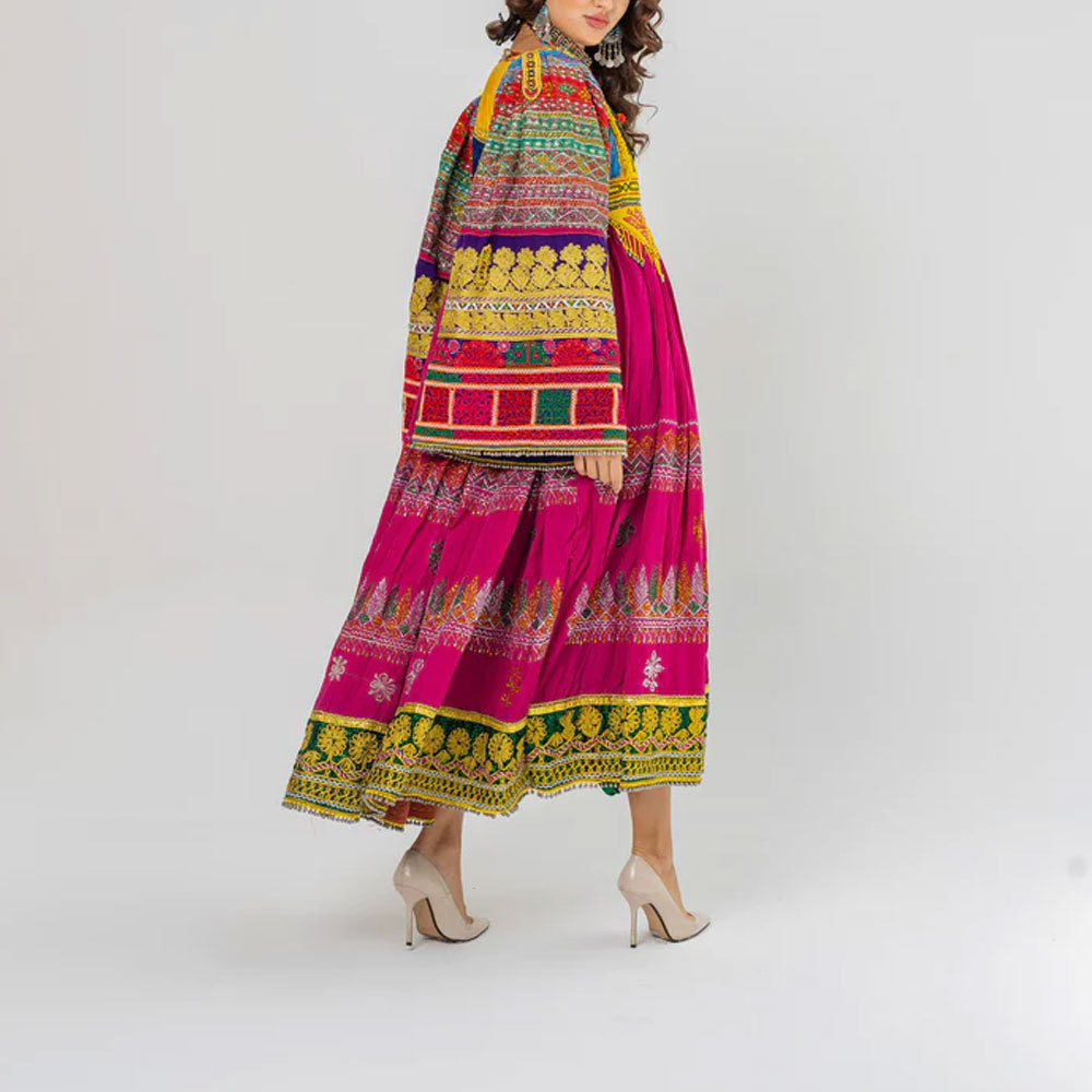 Afghan Kuchi Bridal Dress Clothing  pink and multicolored tassels kuchi wedding Dress Tribal Afghan dress