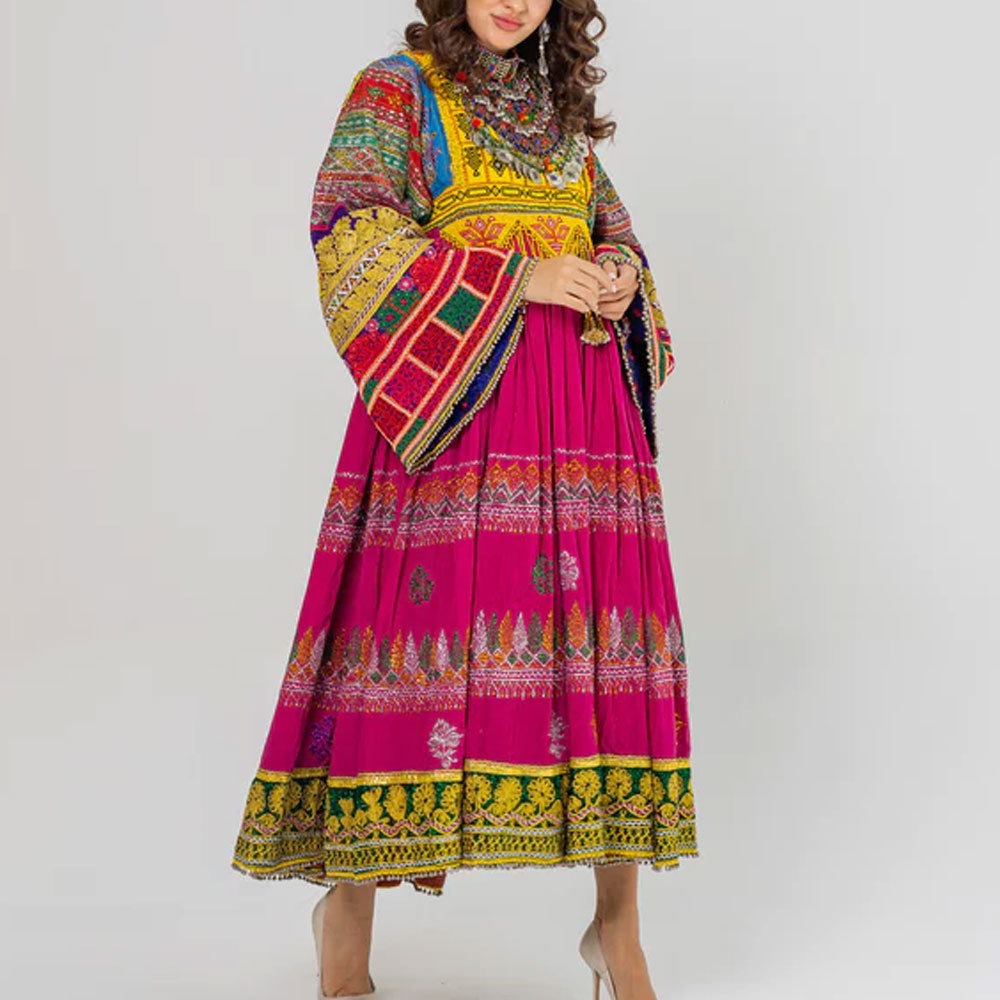 Afghan Kuchi Bridal Dress Clothing  pink and multicolored tassels kuchi wedding Dress Tribal Afghan dress